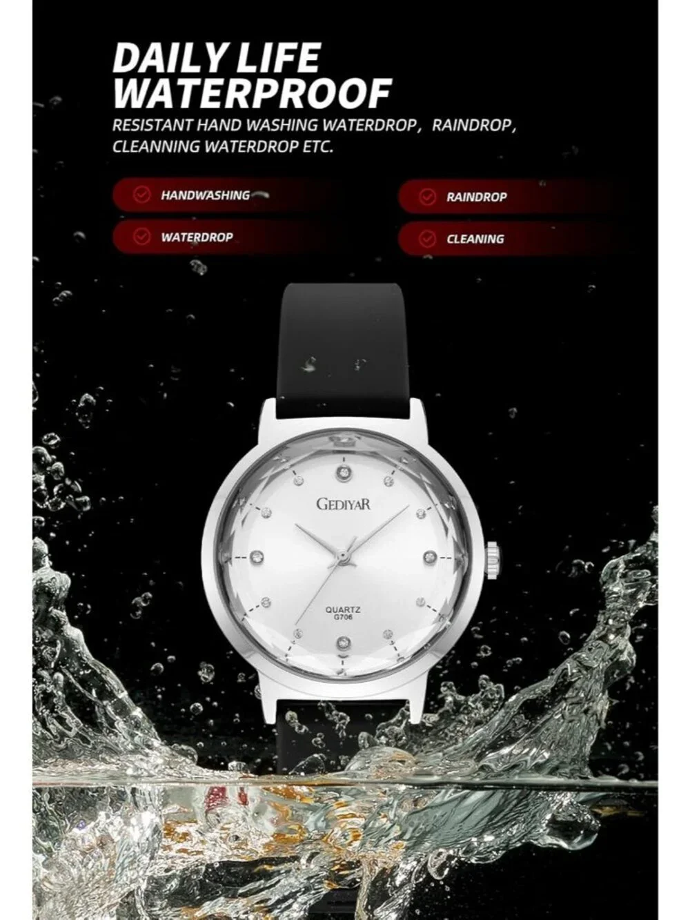 Women's Black Silver Analog Silicone Band Crystal Dial Waterproof Wrist Watch